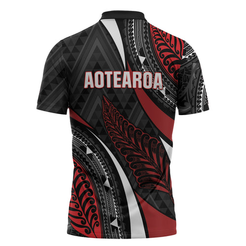 Aotearoa New Zealand Native Birds Map Zipper Polo Shirt Silver Fern Tribal Pattern