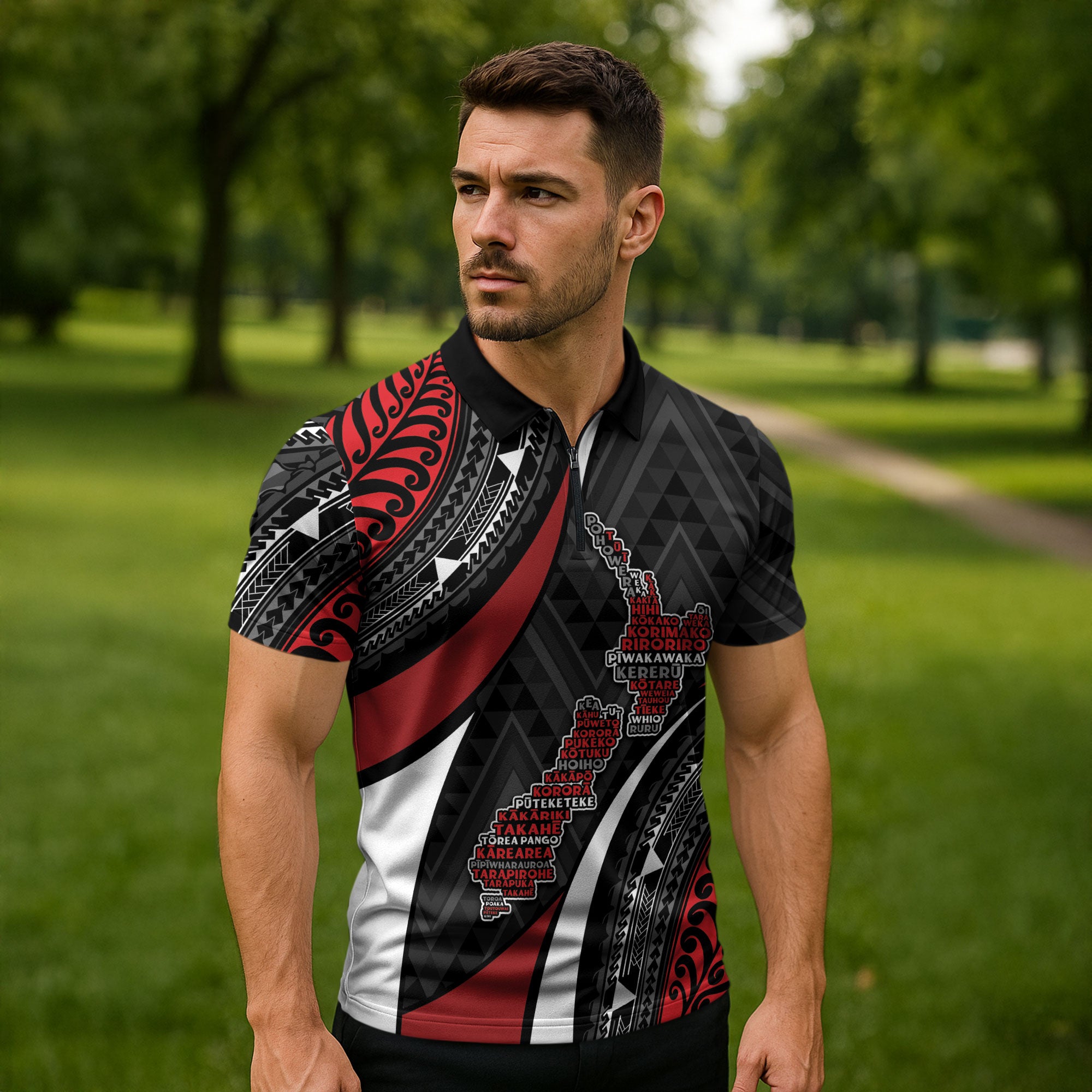 Aotearoa New Zealand Native Birds Map Zipper Polo Shirt Silver Fern Tribal Pattern