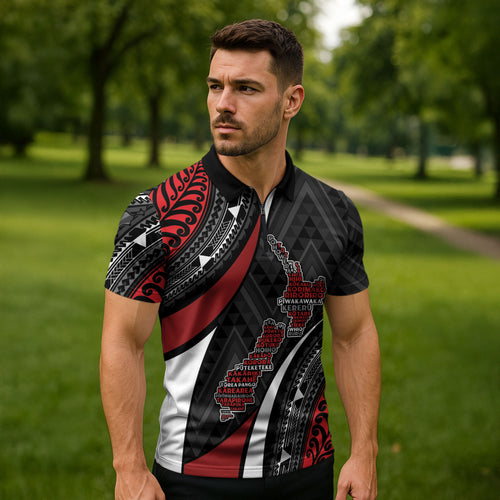 Aotearoa New Zealand Native Birds Map Zipper Polo Shirt Silver Fern Tribal Pattern