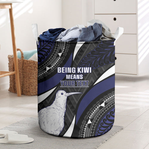 Personalised New Zealand Kiwi Laundry Basket Silver Fern Tribal Pattern