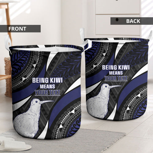 Personalised New Zealand Kiwi Laundry Basket Silver Fern Tribal Pattern