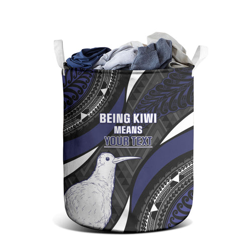Personalised New Zealand Kiwi Laundry Basket Silver Fern Tribal Pattern