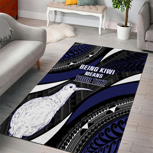 Personalised New Zealand Kiwi Area Rug Silver Fern Tribal Pattern