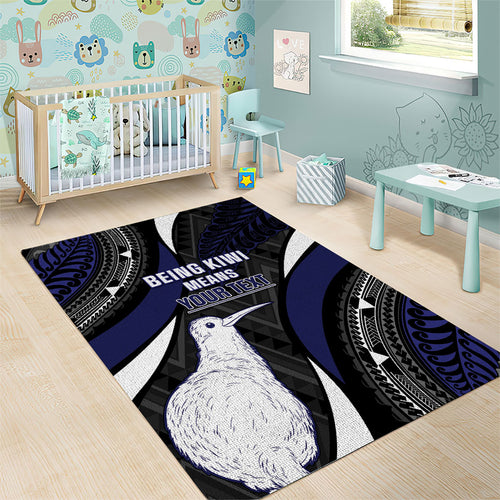 Personalised New Zealand Kiwi Area Rug Silver Fern Tribal Pattern