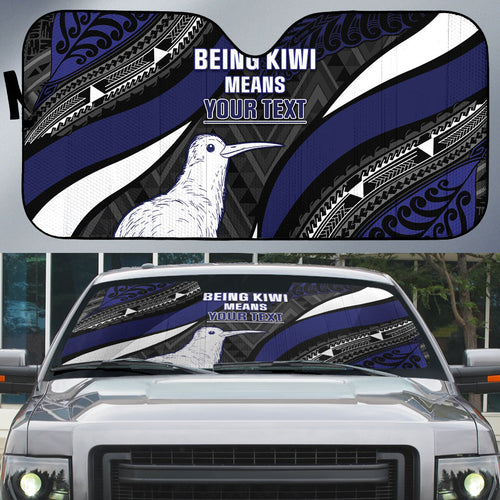Personalised New Zealand Kiwi Auto Sun Shade Silver Fern Tribal Pattern