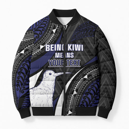 Personalised New Zealand Kiwi Bomber Puffer Jacket Silver Fern Tribal Pattern