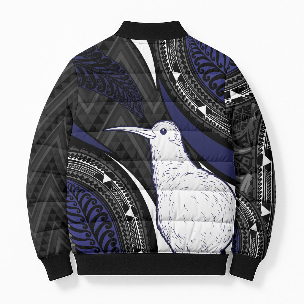 Personalised New Zealand Kiwi Bomber Puffer Jacket Silver Fern Tribal Pattern