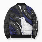 Personalised New Zealand Kiwi Bomber Puffer Jacket Silver Fern Tribal Pattern