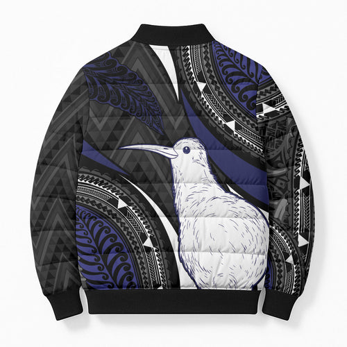 Personalised New Zealand Kiwi Bomber Puffer Jacket Silver Fern Tribal Pattern