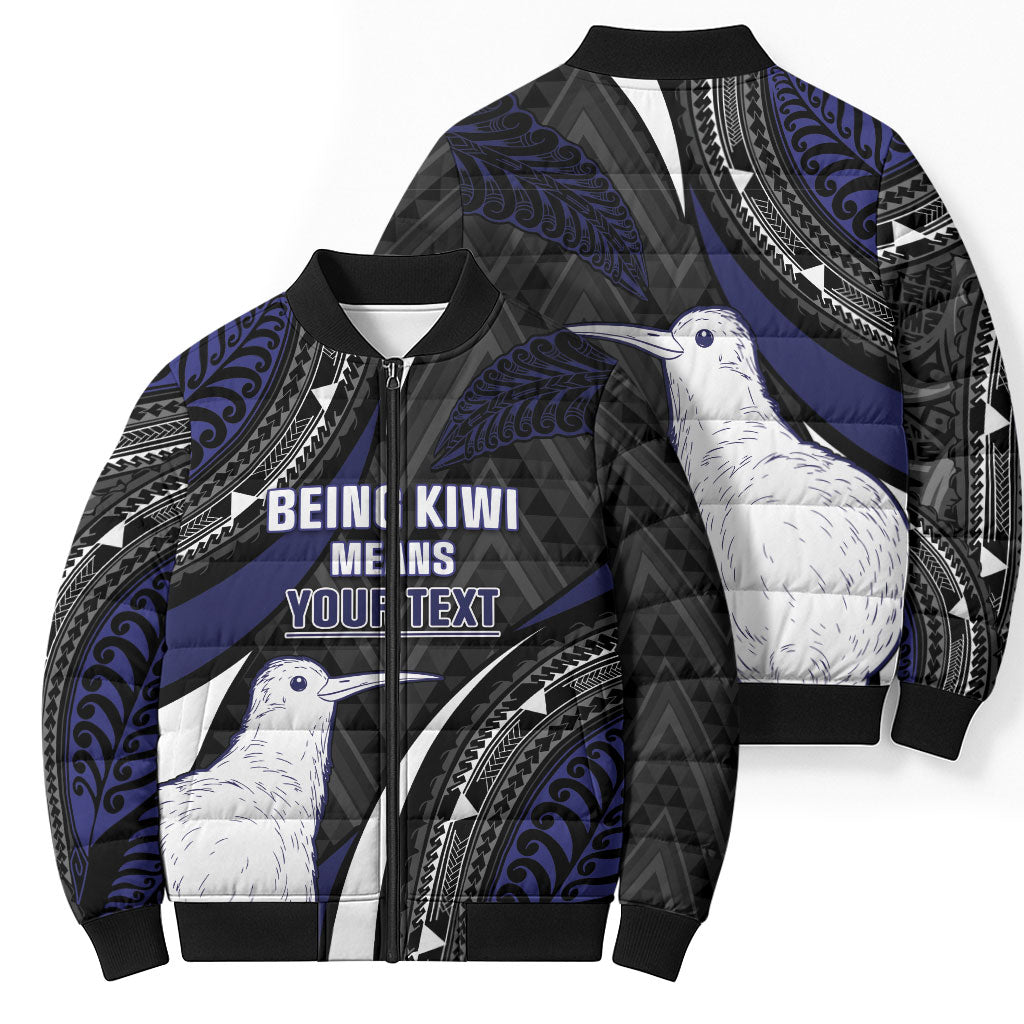 Personalised New Zealand Kiwi Bomber Puffer Jacket Silver Fern Tribal Pattern