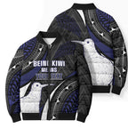 Personalised New Zealand Kiwi Bomber Puffer Jacket Silver Fern Tribal Pattern