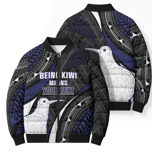 Personalised New Zealand Kiwi Bomber Puffer Jacket Silver Fern Tribal Pattern