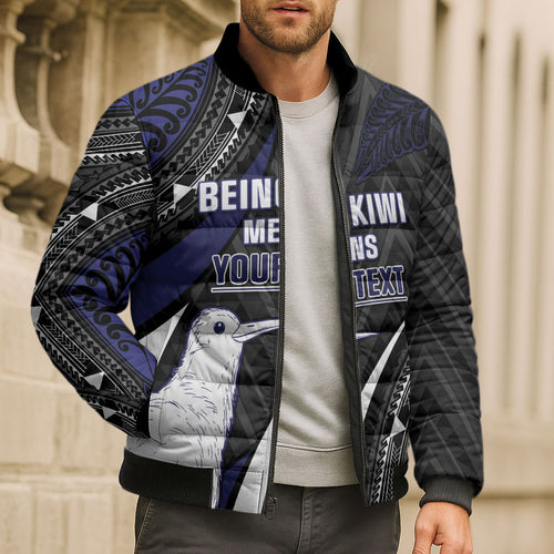 Personalised New Zealand Kiwi Bomber Puffer Jacket Silver Fern Tribal Pattern
