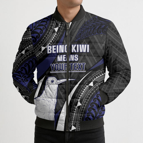 Personalised New Zealand Kiwi Bomber Puffer Jacket Silver Fern Tribal Pattern