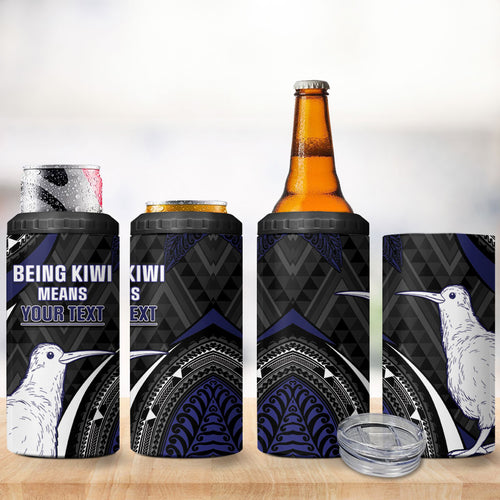 Personalised New Zealand Kiwi 4 in 1 Can Cooler Tumbler Silver Fern Tribal Pattern