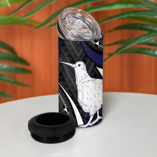 Personalised New Zealand Kiwi 4 in 1 Can Cooler Tumbler Silver Fern Tribal Pattern