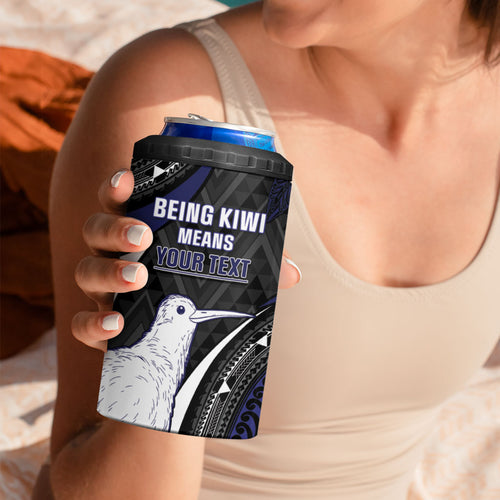 Personalised New Zealand Kiwi 4 in 1 Can Cooler Tumbler Silver Fern Tribal Pattern