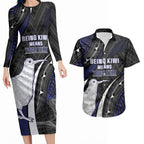 Personalised New Zealand Kiwi Couples Matching Long Sleeve Bodycon Dress and Hawaiian Shirt Silver Fern Tribal Pattern