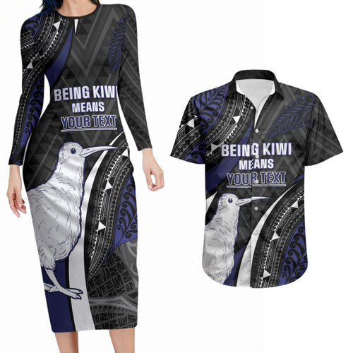 Personalised New Zealand Kiwi Couples Matching Long Sleeve Bodycon Dress and Hawaiian Shirt Silver Fern Tribal Pattern