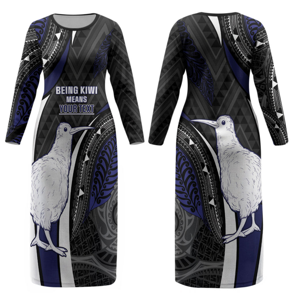 Personalised New Zealand Kiwi Couples Matching Long Sleeve Bodycon Dress and Hawaiian Shirt Silver Fern Tribal Pattern