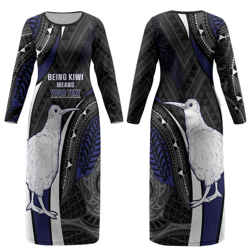 Personalised New Zealand Kiwi Couples Matching Long Sleeve Bodycon Dress and Hawaiian Shirt Silver Fern Tribal Pattern