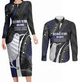 Personalised New Zealand Kiwi Couples Matching Long Sleeve Bodycon Dress and Long Sleeve Button Shirt Silver Fern Tribal Pattern