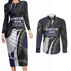Personalised New Zealand Kiwi Couples Matching Long Sleeve Bodycon Dress and Long Sleeve Button Shirt Silver Fern Tribal Pattern