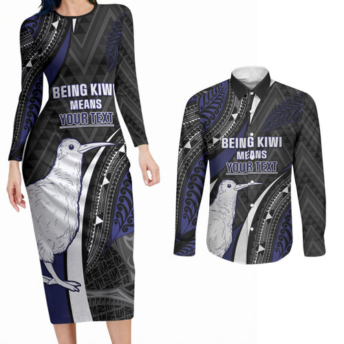 Personalised New Zealand Kiwi Couples Matching Long Sleeve Bodycon Dress and Long Sleeve Button Shirt Silver Fern Tribal Pattern