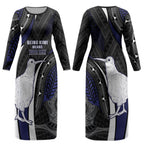 Personalised New Zealand Kiwi Couples Matching Long Sleeve Bodycon Dress and Long Sleeve Button Shirt Silver Fern Tribal Pattern