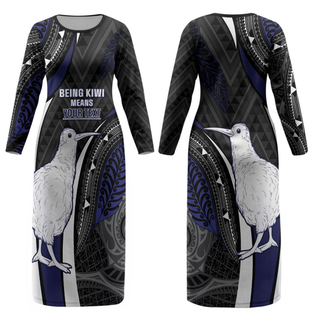Personalised New Zealand Kiwi Couples Matching Long Sleeve Bodycon Dress and Long Sleeve Button Shirt Silver Fern Tribal Pattern