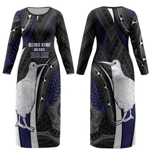 Personalised New Zealand Kiwi Couples Matching Long Sleeve Bodycon Dress and Long Sleeve Button Shirt Silver Fern Tribal Pattern