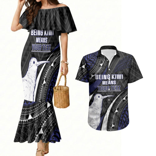 Personalised New Zealand Kiwi Couples Matching Mermaid Dress and Hawaiian Shirt Silver Fern Tribal Pattern