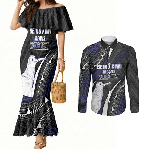 Personalised New Zealand Kiwi Couples Matching Mermaid Dress and Long Sleeve Button Shirt Silver Fern Tribal Pattern