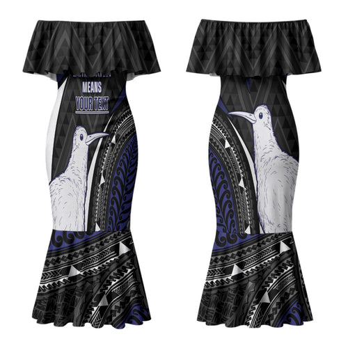Personalised New Zealand Kiwi Couples Matching Mermaid Dress and Long Sleeve Button Shirt Silver Fern Tribal Pattern