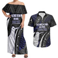 Personalised New Zealand Kiwi Couples Matching Off Shoulder Maxi Dress and Hawaiian Shirt Silver Fern Tribal Pattern