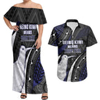 Personalised New Zealand Kiwi Couples Matching Off Shoulder Maxi Dress and Hawaiian Shirt Silver Fern Tribal Pattern
