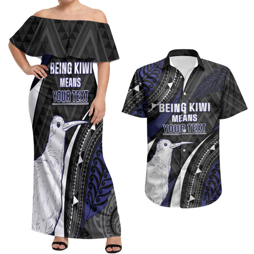 Personalised New Zealand Kiwi Couples Matching Off Shoulder Maxi Dress and Hawaiian Shirt Silver Fern Tribal Pattern