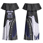 Personalised New Zealand Kiwi Couples Matching Off Shoulder Maxi Dress and Hawaiian Shirt Silver Fern Tribal Pattern
