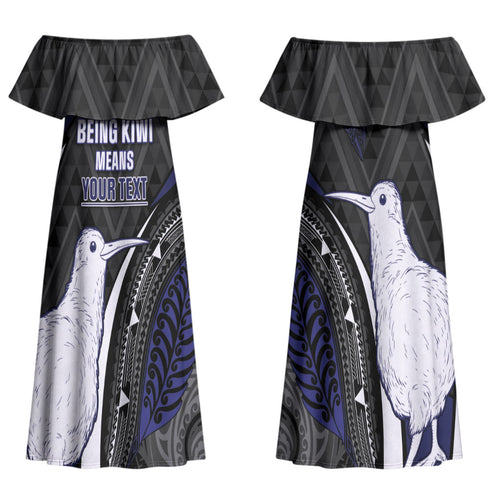 Personalised New Zealand Kiwi Couples Matching Off Shoulder Maxi Dress and Hawaiian Shirt Silver Fern Tribal Pattern