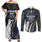 Personalised New Zealand Kiwi Couples Matching Off Shoulder Maxi Dress and Long Sleeve Button Shirt Silver Fern Tribal Pattern