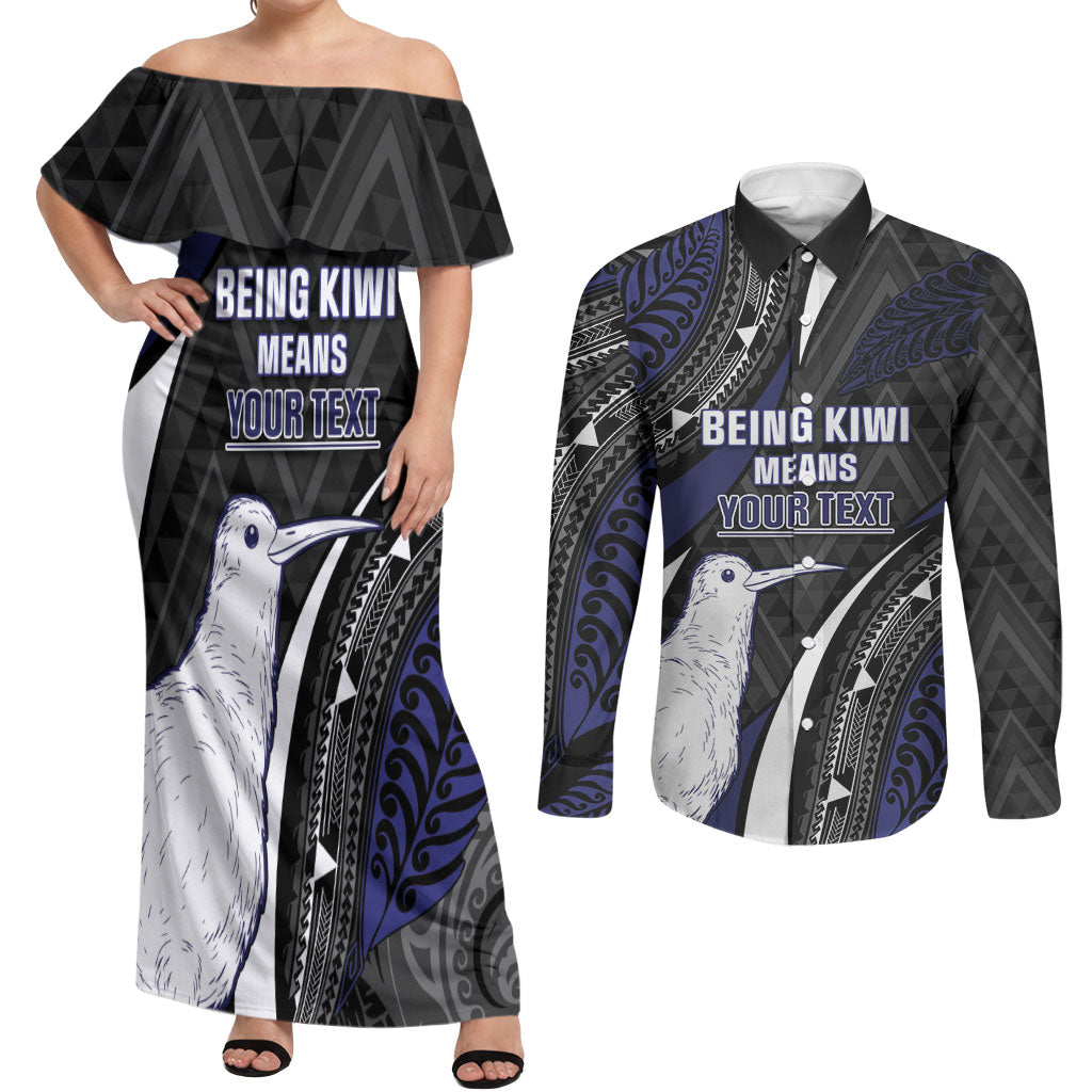 Personalised New Zealand Kiwi Couples Matching Off Shoulder Maxi Dress and Long Sleeve Button Shirt Silver Fern Tribal Pattern