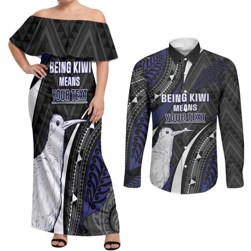 Personalised New Zealand Kiwi Couples Matching Off Shoulder Maxi Dress and Long Sleeve Button Shirt Silver Fern Tribal Pattern