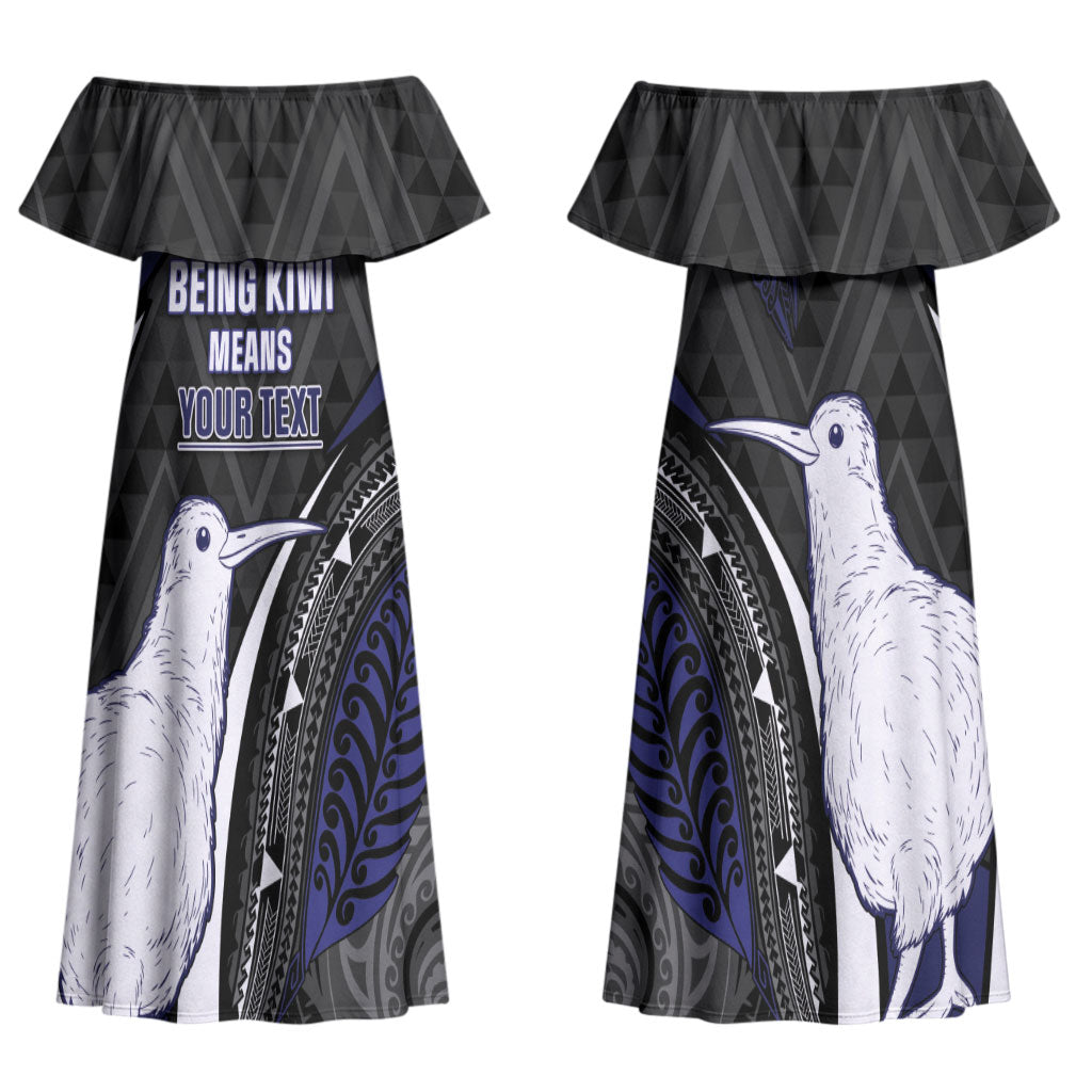 Personalised New Zealand Kiwi Couples Matching Off Shoulder Maxi Dress and Long Sleeve Button Shirt Silver Fern Tribal Pattern