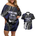 Personalised New Zealand Kiwi Couples Matching Off Shoulder Short Dress and Hawaiian Shirt Silver Fern Tribal Pattern