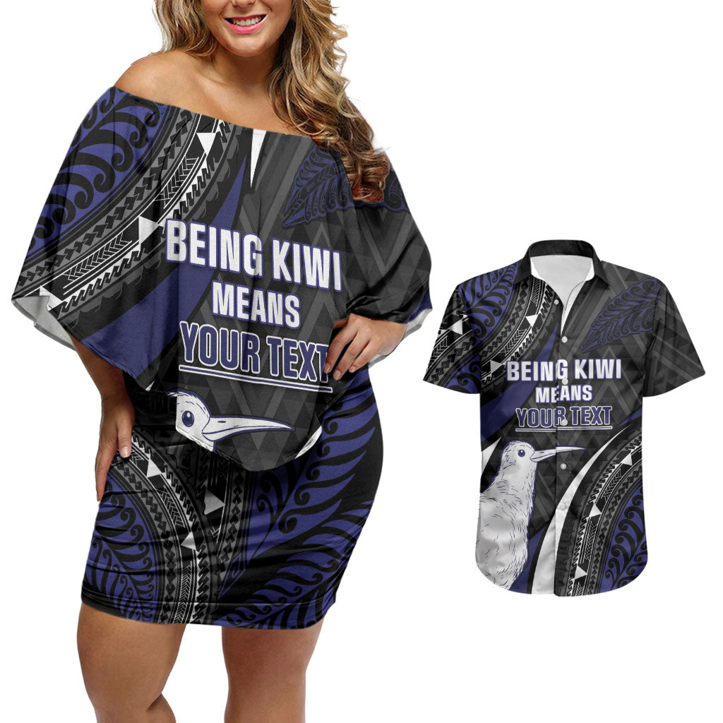 Personalised New Zealand Kiwi Couples Matching Off Shoulder Short Dress and Hawaiian Shirt Silver Fern Tribal Pattern