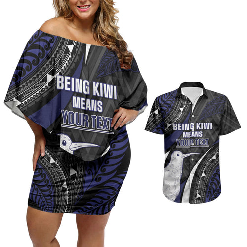 Personalised New Zealand Kiwi Couples Matching Off Shoulder Short Dress and Hawaiian Shirt Silver Fern Tribal Pattern