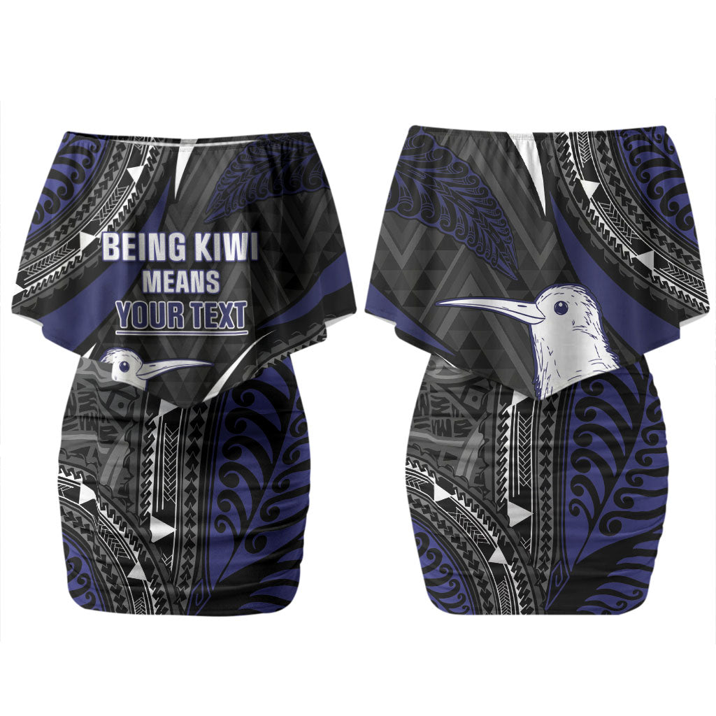 Personalised New Zealand Kiwi Couples Matching Off Shoulder Short Dress and Hawaiian Shirt Silver Fern Tribal Pattern