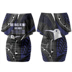 Personalised New Zealand Kiwi Couples Matching Off Shoulder Short Dress and Hawaiian Shirt Silver Fern Tribal Pattern
