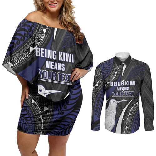 Personalised New Zealand Kiwi Couples Matching Off Shoulder Short Dress and Long Sleeve Button Shirt Silver Fern Tribal Pattern