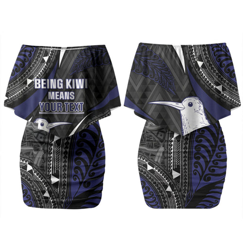 Personalised New Zealand Kiwi Couples Matching Off Shoulder Short Dress and Long Sleeve Button Shirt Silver Fern Tribal Pattern